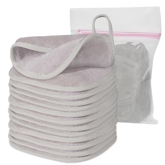Natwag Makeup Remover Cloth, 6" x 6" Make Up Towels Reusable Face Cloth for Washing Face, 12 Pack Makeup Remover Pads Microfiber Face Washcloth with Mesh Bag, Light Grey
