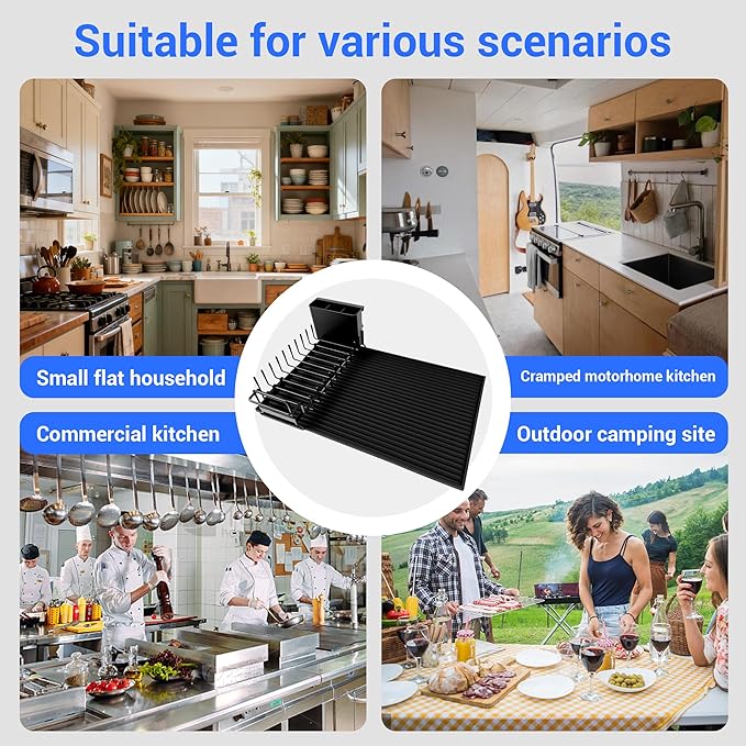 Dish Drying Rack, Stainless Steel Expandable Over/in Sink & Countertop, Space Saving Collapsible Rust-Proof Rack with Silicone Mat Cutlery Holder for Kitchen/RV/Commercial Use (14.56-18.5" L)