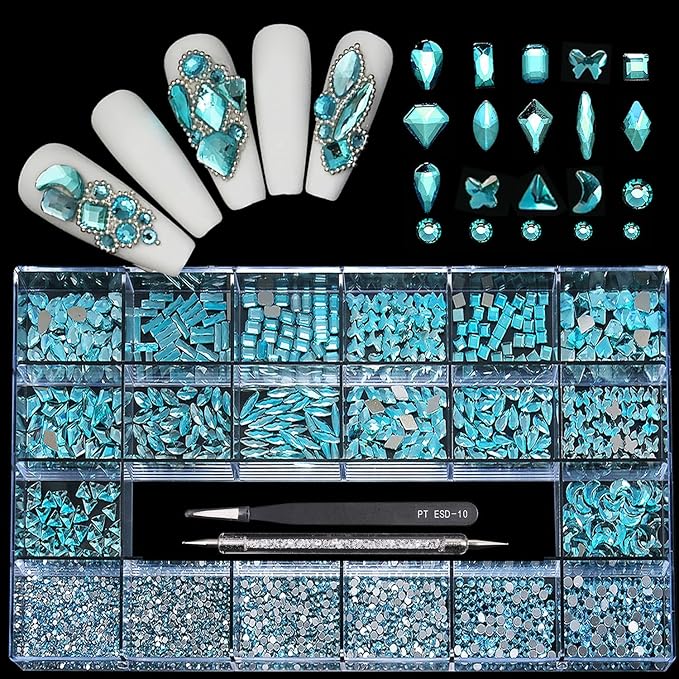 Yzzseven 14 Types of 700 Lake Blue Diamonds + 2100 Flat Rhinestones Mix 20 Styles Flatback DIY Crafts Rhinestone Crystals 3D Ornament‌s Flat Back Stones Set + Tweezers + Drill Pen