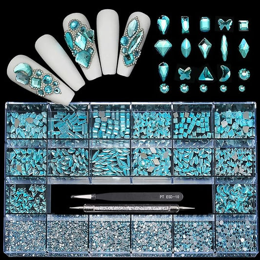 Yzzseven 14 Types of 700 Lake Blue Diamonds + 2100 Flat Rhinestones Mix 20 Styles Flatback DIY Crafts Rhinestone Crystals 3D Ornament‌s Flat Back Stones Set + Tweezers + Drill Pen