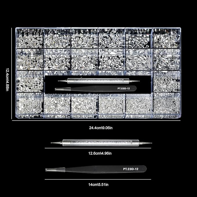 Yzzseven 12 Types of 600 White Diamonds + 2500 Flat Rhinestones Mix 20 Styles Flatback DIY Crafts Rhinestone Crystals 3D Ornament‌s Flat Back Stones Set + Tweezers + Drill Pen