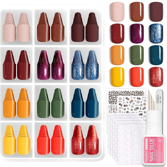 Beetles Press On Nails Kit - Festival Glow | 360Pcs 12 Colors Short Square Press On Nails | 15 Sizes Matte Glossy Glitter With Nail Glue & Nail Tabs Stickers, Fake Nails Kit Art For Women