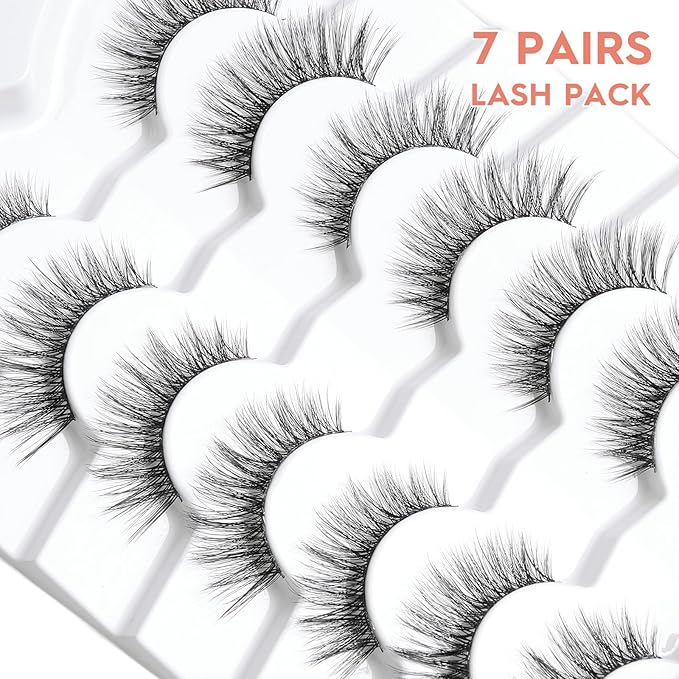 Cat Eye Lashes - Natural 15mm Wispy False Eyelashes, Thin Band, 3D Volume, Curly, 7 Pair Pack