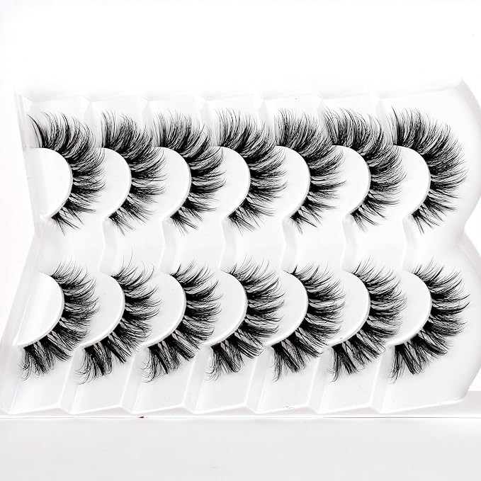 Pooplunch False Eyelashes Invisible Band Cat Eye Lashes Wispy Extension Volume Natural Short Fake Eyelash Faux Mink Lashes Strips 7 Pairs Pack
