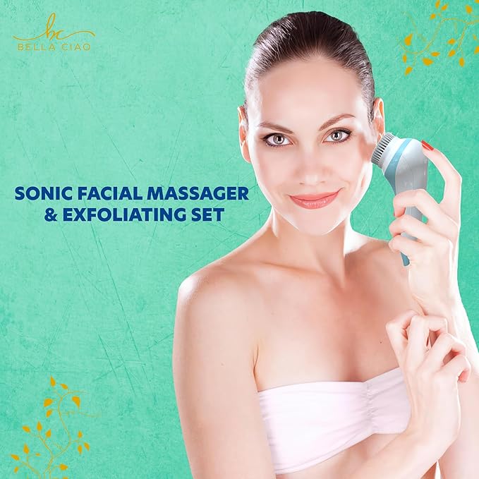 Bella Ciao 5-Piece Facial Cleansing Brush Set, Exfoliating, Massaging, and Cleansing Kit, Includes Cordless Tool, Exfoliator Head, Face Massager, Latex Sponge, and Nylon Brush, Batteries Not Included