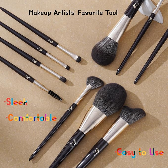 10-Piece Professional Makeup Brush Set with Powder, Contour, Blush, Eyeshadow & Brow Brushes – Includes 2 Premium Beauty Sponges and 1 Dry Cleaning Brush Box for Easy On-the-Go Makeup Application