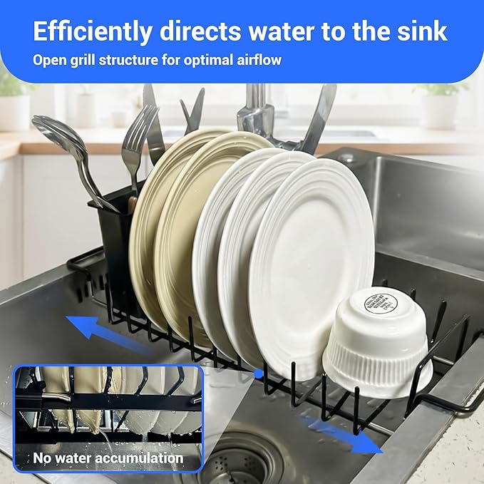 Dish Drying Rack, Stainless Steel Expandable Over/in Sink & Countertop, Space Saving Collapsible Rust-Proof Rack with Silicone Mat Cutlery Holder for Kitchen/RV/Commercial Use (14.56-18.5" L)