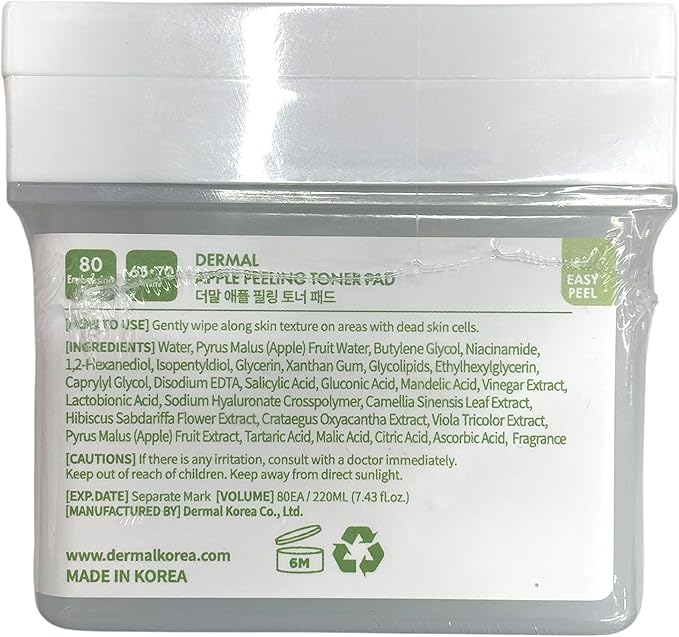 DERMAL Apple Peeling Toner Pad – Gentle Exfoliating and Hydrating Toner Pads with AHA, BHA, and PHA for Smoother, Radiant Skin - Facial Peels, Resurfacing Facial Exfoliants, 80pads