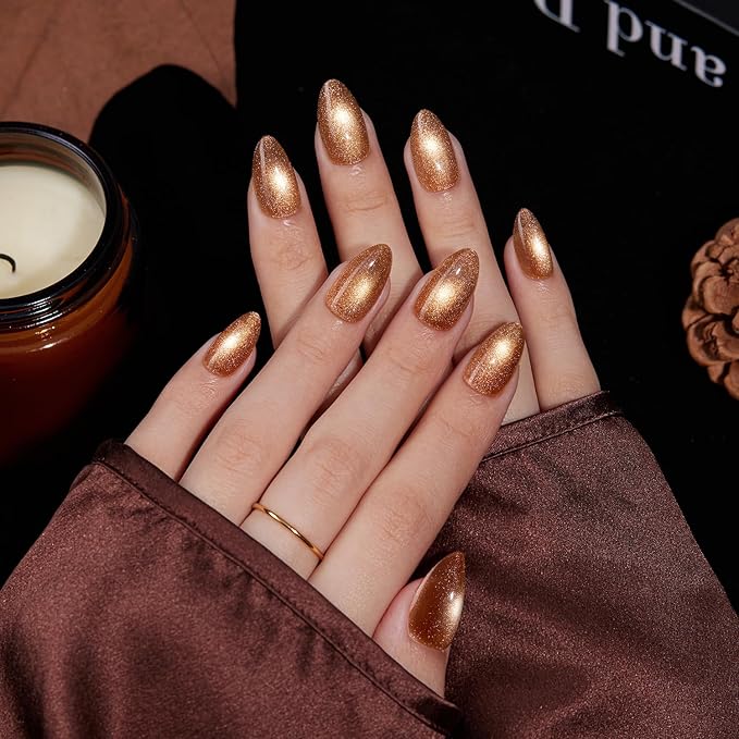 VSALON Press On Nails Short Almond, 32 Pcs 16 Sizes Brown Cat Eye Press On Chrome Fake Nails With Glue & Cuticle Oil, Reusable Stick On Nails False Nails Kit Valentines Gift For Women