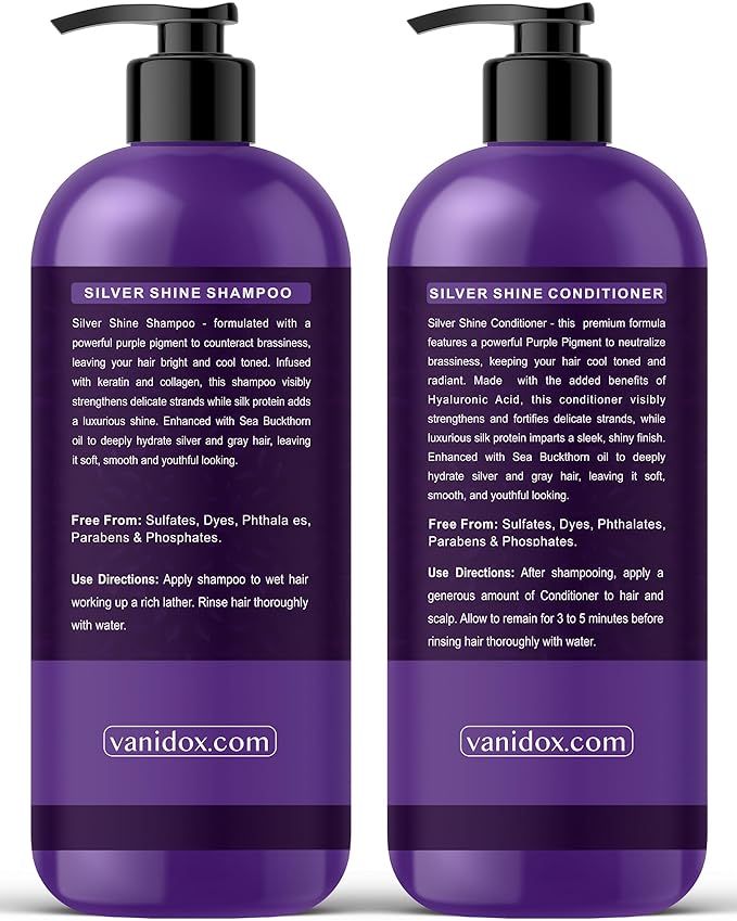 VANIDOX Sulfate Free Brass Toning Purple Shampoo and Conditioner Set for Grey and Silver Hair, Moisturizing & Color-Safe, Enhances Shine & Brightness, Made in USA (16 fl oz each)