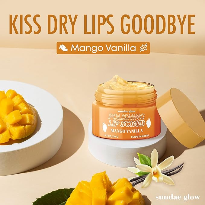 Sundae Glow Lip Scrub with Mango Vanilla – Exfoliates, Hydrates & Repairs – Smooths, Softens & Revitalizes Dry Lips – Dermatologist Tested, Korean Skin Care – Clean Beauty, Cruelty-Free – 1 Pack