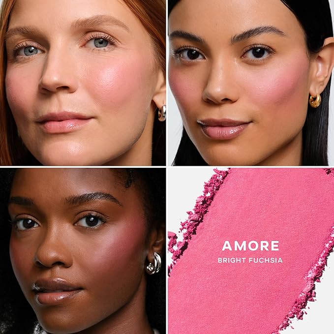 Saie SuperSuede Baked Blush - Talc-Free Powder Blush for Cheeks Infused with Hyaluronic Acid, Glycerin + Squalane - Hydrating Face Makeup for a Natural, Diffused Flush of Color - Amore (0.1 Ounce)