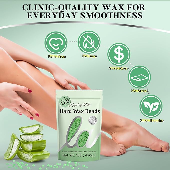 LANSLEYWAX Aloe Hard Wax Beads, 1LB Wax Beans for Sensitive Skin & Full-Body Hair Removal, Brazilian/Bikini/Face/Legs/Eyebrow/Armpit/Chest Waxing Refill at Home for Women & Men, Stripless Formula