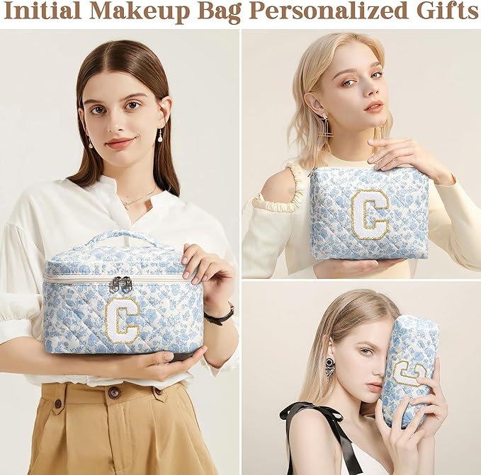 Birthday Gifts for Teen Girl Women, Personalized Initial Makeup Bag Quilted Cosmetic Bag Make Up Bags Travel Toiletry Bags Teen Girl Gifts Trendy Stuff Valentines Day Gift for Wife Mom Daughter Friend