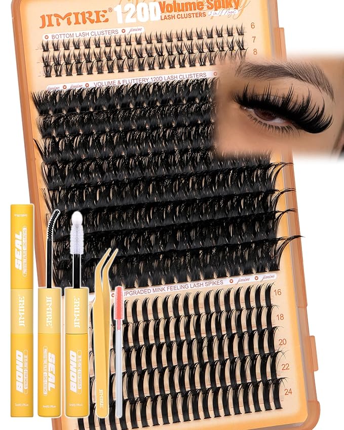 JIMIRE Lash Clusters Kit Volume Lash Extension Kit 296Pcs 120D Cluster Eyelash Extensions with Bottom Lashes and Spikes D Curl Eyelash Extension Kit with Lash Bond and Seal