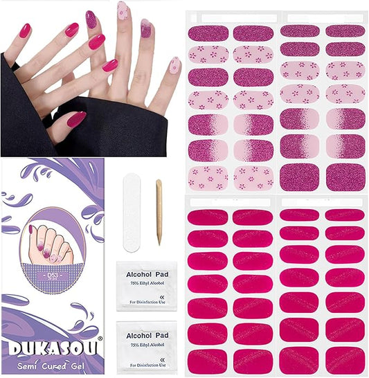 DUKASOU Semi Cured Gel Nail Strips, 56Pcs Nail Art Stickers/Wraps, Long Lasting UV Nail Polish Strips for Adults(Flower Rose Red Glitter)