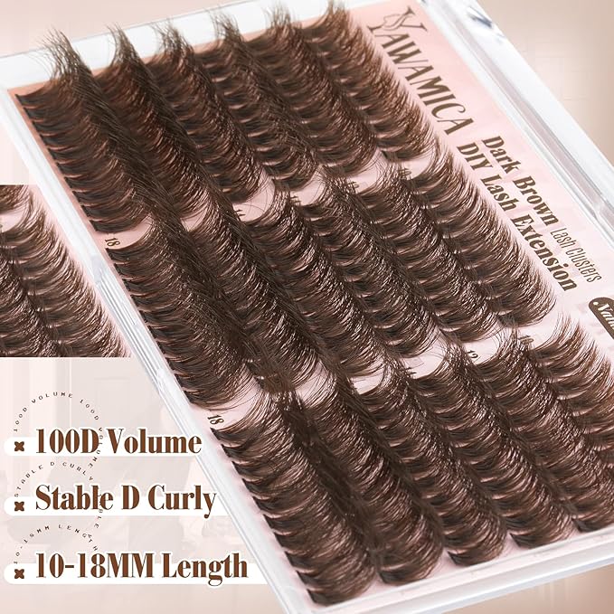 Yawamica Brown Fluffy Lash Clusters 100D Volume Wispy Eyelash Clusters 10-18mm D Curl Eyelash Extensions Individual Lashes Dark Brown Cluster Lashes DIY Brown Lash Extension by Self