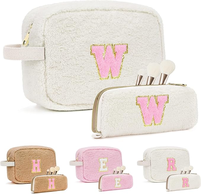 for Valentines Day Gifts, Travel Makeup Bag for Women, Initial Make Up Bag Set for 6 7 8 9 10 11 12 13 Years Old Kids Tween Girls, Large Cosmetic Skincare Bags for Birthday Gifts, White W