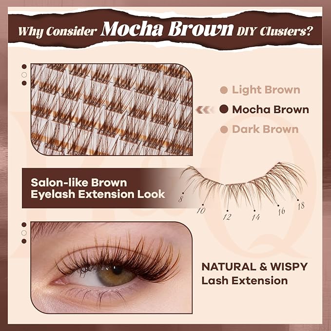 B&Q Brown Lash Clusters Natural Lash Clusters for Light Hair, Reusable MochaLash Cluster Eyelash Extensions Soft Brown False Eyelashes Comfortable Eyelash Clusters Perfect for Occasions（MochaLash 01）