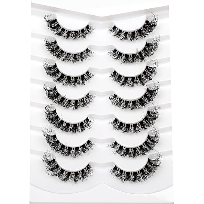 Pooplunch Fake Eyelashes Faux Mink Lashes Strips Cat Eye Wispy Volume Lashes D-Curly Clear-Band Natural 8D Extensions Wispies Short False Eyelash 7 Pairs Pack