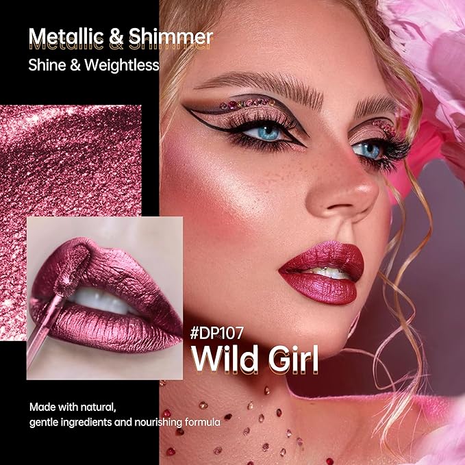Depuplum Burgundy Lipsticks for Women Metallic Lipstick Long Lasting Non Stick Cup Lip Gloss, Shimmer Lightweight Hydrating Full Coverage Lip Color, DP107 Wild Girl