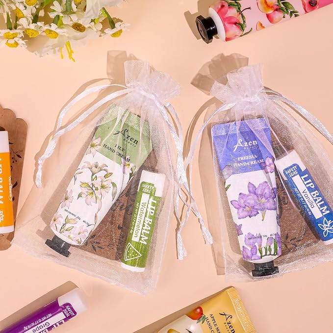 AZEN 64 Sets Bulk Gifts, Hand Cream and Lip Balm Bulk Set with Organza Bag Thank You Card, Baby Shower Wedding Gifts for Guests, Bridal Wedding Favors for Guests,Thank You Gifts for Women