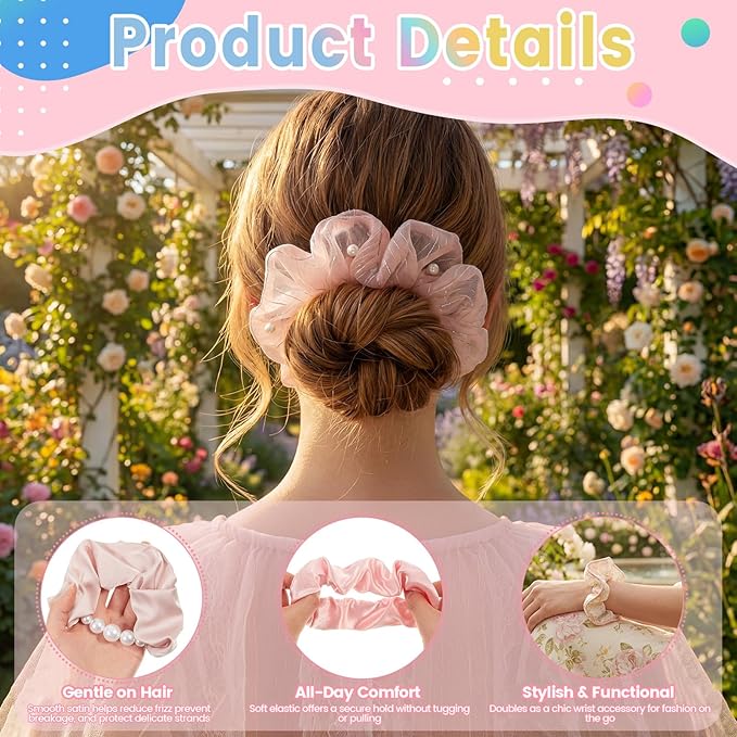 Canlierr 10 Pcs Pink Hair Scrunchies for Women Pink Silk Hairs Ties Bulk Big Satin Scrunchies Flower Hairs Ties Bulk White Cotton Elastic Hair Accessories Valentines Gifts for Women