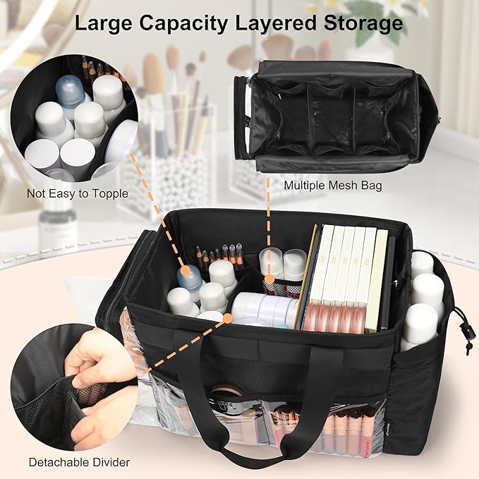 TANTO Travel Makeup Bag, Professional Makeup Artist Set Bag Extra Large Cosmetic Organizer Case Hair Stylist Travelling Duffle Bag with Adjustable Dividers for Makeup Beauty Lover Nurse Tote Bags