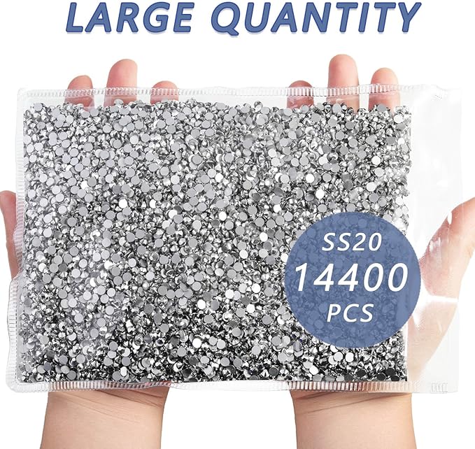 Beadsland Flatback Rhinestones Bulk,14400pcs Silver Rhinestones for Nails Crafts Clothes DIY Decoration, Silver Hematite, SS20, 4.6-4.8mm