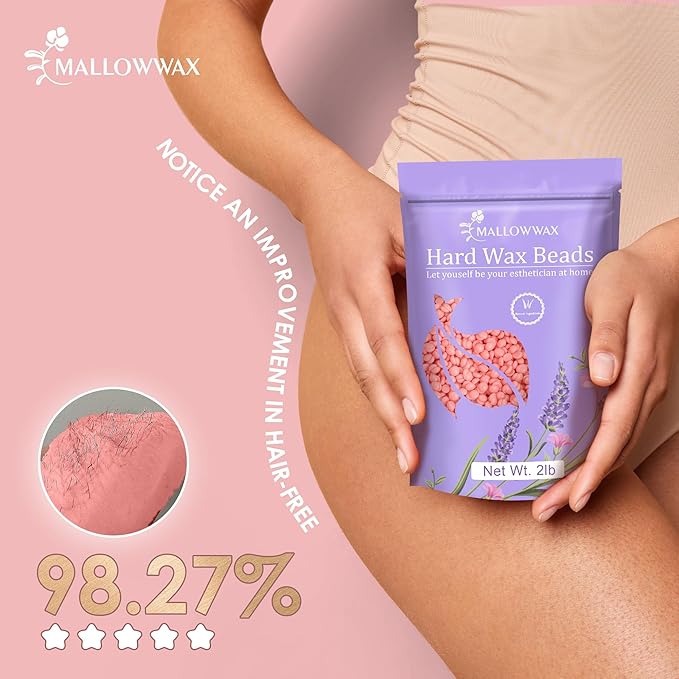 Mallowwax Hard Wax Beads for Hair Removal, 2LB – Premium Hair Removal Wax Refill for Sensitive Skin with Rose Formula, Ideal for Facial and Brazilian Areas