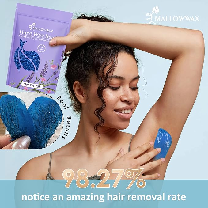 Mallowwax Hard Wax Beads, 2LB Blue Wax for Full-Body Hair, Strong Grip for Thick Hair Removal, Waxing for Legs, Arms, Chest & Back, No Strips Needed, Easy to Use at Home or Salon