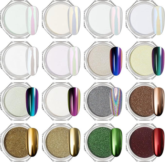 Artdone 16 Colors Chrome Nail Powder, Iridescent Aurora Chameleon Powder Metallic Mirror Effect Pigment Pearlescent Mermaid Pearl Glitter Dust Kit, Nail Art Decoration, Resin Craft