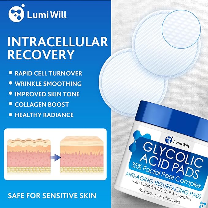 Glycolic Acid Exfoliating Peel Pads with Vitamins B5 C E and Menthol for Acne, Uneven Tone, Fine Lines, Wrinkles, Anti Aging Facial Resurfacing Skin Treatment - 50 Pre-Soaked Pads