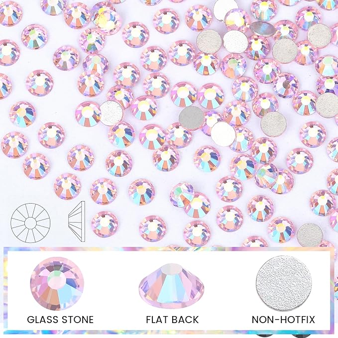Novani Pink AB Rhinestones Glass Rhinestone for Crafts Flatback Crystals Gems and Rhinestones for Nails Art Makeup Face Clothes Shoes Decoration DIY(SS6,1440pcs,Pink AB)