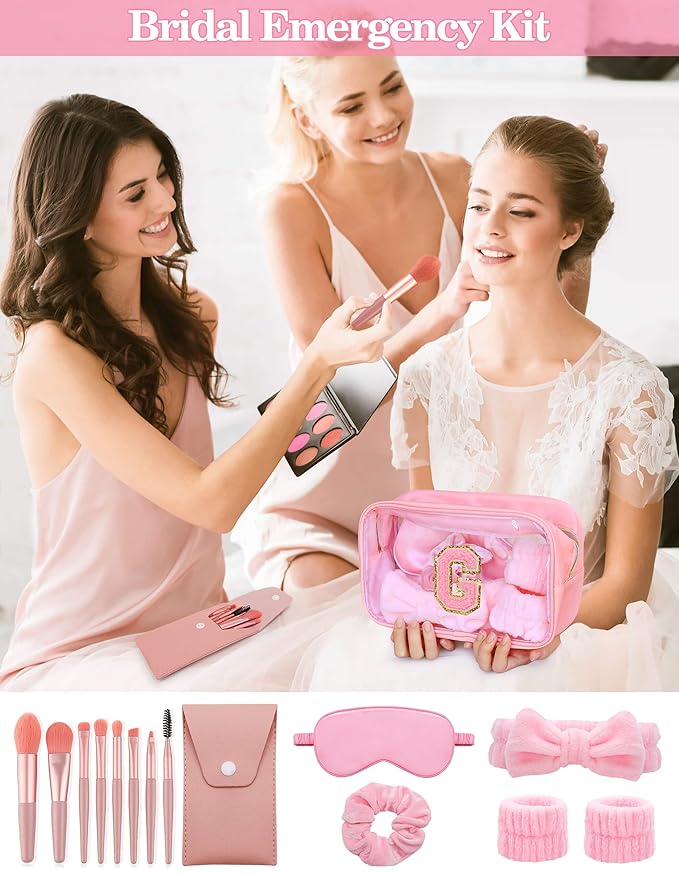 Gift Sets for Women, Initial Makeup Bag with Makeup Brush Set Bachelorette Party Favors, Pink Spa Kit with Skincare Headbands Wrist Bands Sleepover Party Supplies Gifts for Teen Girls Bridesmaid G