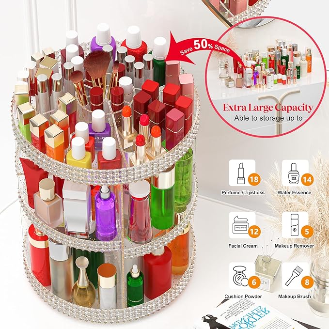 Awenia Makeup Organizer 360-Degree Rotating, Adjustable Makeup Storage, 7 Layers Large Capacity Cosmetic Storage Unit, Fits Different Types of Cosmetics and Accessories, Plus Size(Glitter)
