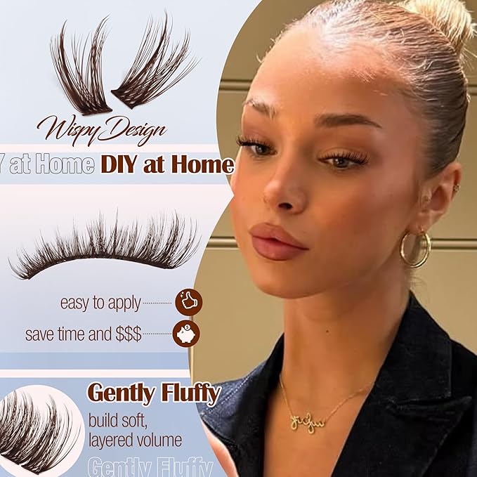 Brown Lash Clusters Natural Cluster Eyelash Extensions Wispy Individual Lashes Extensions Fluffy Eyelash Clusters DIY Cat Eye Doll Eye for Soft Girl Clean Girl Daily Wear (CC-Curly, 168Pcs, 8-16MM)