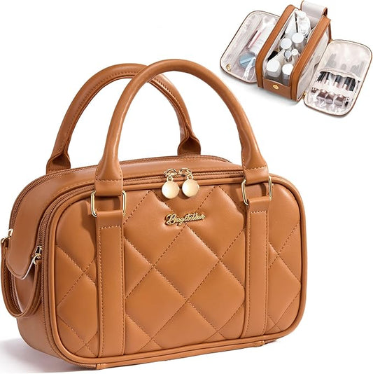 Bagstellar Travel Makeup Bag, Large Capacity Quilted Toiletry Bags for Women, Wide-open Cosmetic Bags Make Up Case Organizer Portable Pouch with Handle & Brush Holder for Traveling Accessories, Brown