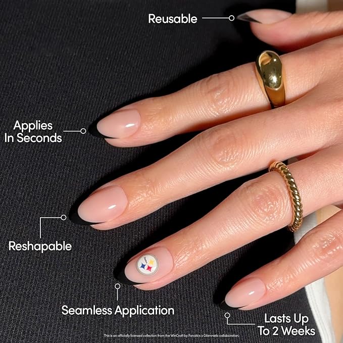 Glamnetic x Fanatics Press On Nails - Pittsburgh Steelers | Short Almond Fake Nails, NFL Steelers Black French Tips, Football Nails, Salon-Quality | 15 Sizes - 30 Nail Kit with Glue