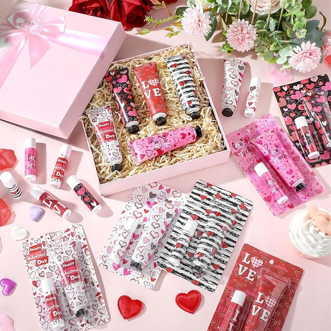 Loopeer 24 Sets Valentine's Day Hand Cream Lip Balm Bulk Gifts Galentine's Day Gift Valentine Party Favor Love Heart Mini Travel Size Moisturizing Hand Lotion for Women Coworker Teacher Nurse, 30 ml