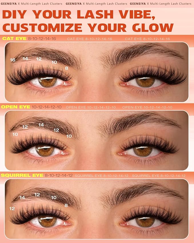 Geeneiya Fluffy Lash Clusters 8-16mm, Natural 3D Fluffy Effect Eyelash Clusters, C Curl DIY Cluster Eyelash Extensions for Salon-Like Lashes at Home