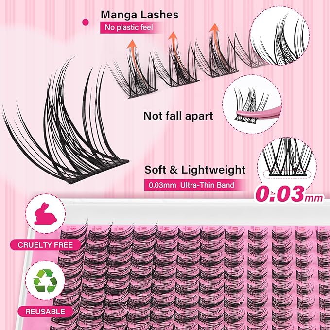 PRO LASHBEAUTY Manga Lash Clusters, Eyelash Clusters 10-18 Mixed Cluster Eyelash Extensions Mixed Lash Extension Reusable Soft & Comfortable (Cherry,10-18mix)