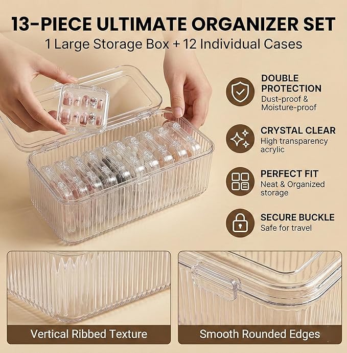 Kyvenly Press On Nail Organizer 12pcs 3.3in Nail Case And 1 Big Acrylic Storage Box For Packaging Clear Display Box Fake Nail Organizer With Double Sided Adhesive Tabs Nail Display Nail Salon