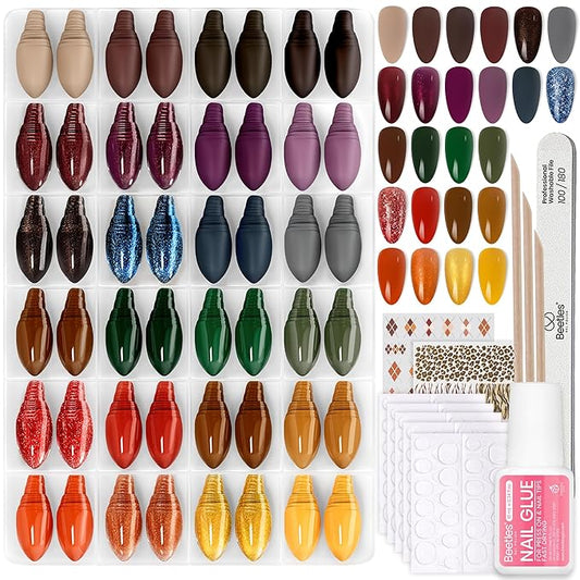 Beetles Press On Nails Kit - Prism Parade | 720Pcs 24 Colors Short Almond Press On Nails | 15 Sizes Matte Glossy Glitter With Nail Glue & Nail Tabs Stickers, Fake Nails Kit Art For Women