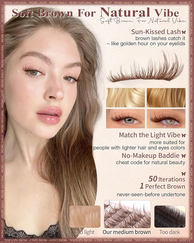 Wtvane Brown Lash Clusters Wispy Eyelash Clusters Natural Lash Clusters with Spikes 8-16mm Cluster Eyelash Extensions Natural Look C-Curly Individual Lashes Thin Band Lashes Clusters Manga Eye Lashes