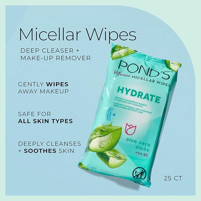 Pond's Vitamin Micellar Wipes For Dry Skin Hydrate Aloe Vera Removes Waterproof Makeup 25 Wipes