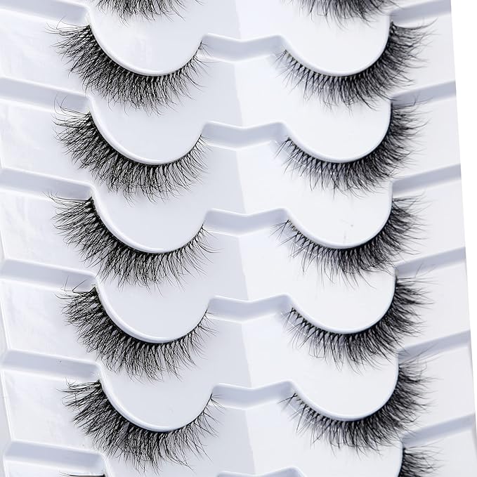 Pooplunch False Eyelashes Cat Eye Look Natural Short Lashes Wispy Clear Band Extension Volume Fake Eyelashes Faux Mink Strip Lashes 7 Pairs Pack