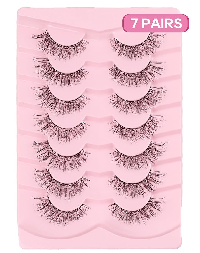 Natural Mink Lashes Fluffy Cat Eye Lashes Wispy 6D Volume False Eyelashes that Look Like Extensions Thick Soft Curly Fake Lashes 7 Pairs Pack NK26