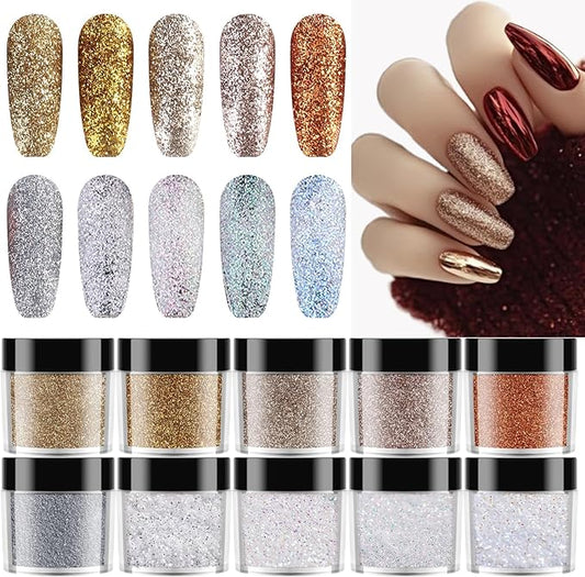 SUTOKAKA 10 Jars Shimmer Shining Nail Glitter for Autumn Winter Ultra-Fine Sugar Coating Effect Sand Powder Dazzling Diamond Dust Manicure Decoration for DIY Home Salon