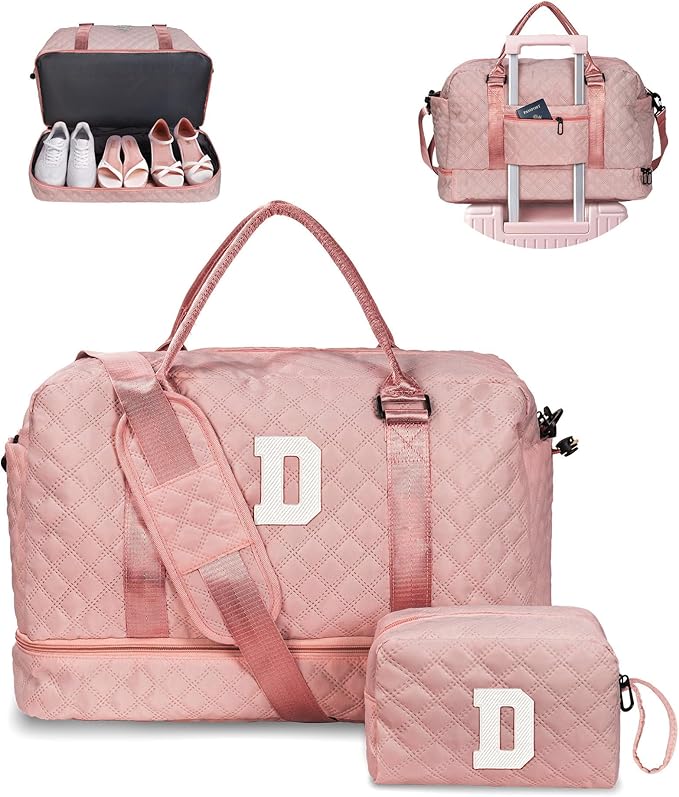 Initial Duffle Bag with Shoe Compartment, Personalized Weekender Bag, Monogram Overnight Bag for Women with Trolley Sleeve & Wet Pocket, Letter Travel Bag with Makeup Bag (Letter D), Pink